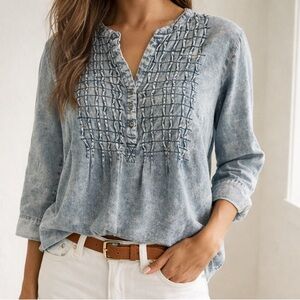 Mineral Wash 100% Cotton Denim Blouse | Pintuck Boho Henley Top XL